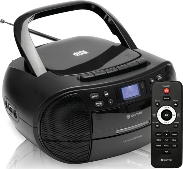 Denver TDC-280 DAB Portable CD Player And Cassette Player Boombox, CD Radio Player Clock And Dual Alarm FM Radio AUX IN USB