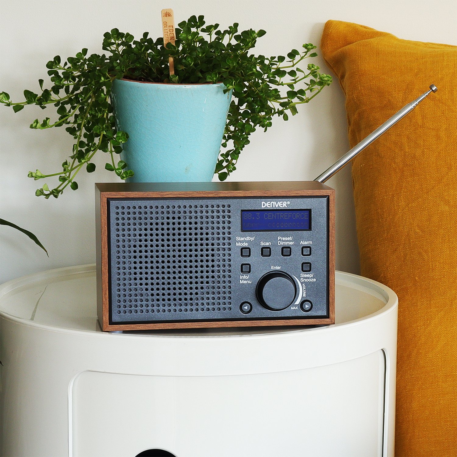 Denver DAB-46 DAB / DAB+ Digital & FM Portable Radio with Dual Alarm Clock – Mains & Battery, Snooze & Sleep, Real Wood Effect & Dark Grey Finish