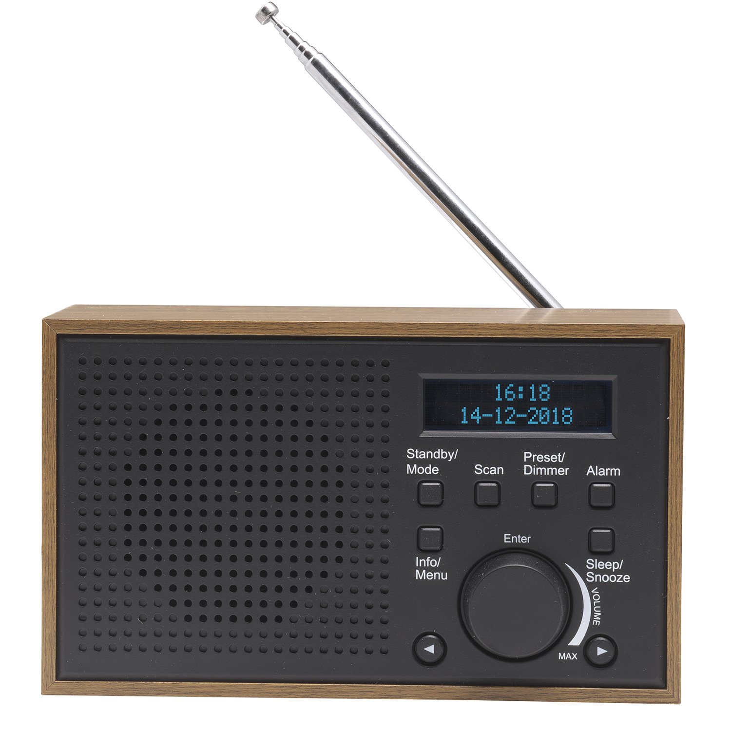 Denver DAB-46 DAB / DAB+ Digital & FM Portable Radio with Dual Alarm Clock – Mains & Battery, Snooze & Sleep, Real Wood Effect & Dark Grey Finish - Image 2