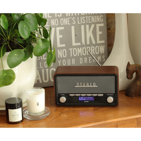 Denver DAB-18 Vintage Style Stereo DAB / DAB+ & FM Radio – Real Wood Cabinet, Bluetooth, Clock Radio Alarm, AUX IN for Smart Phone / Tablet / MP3 Player – Mains or Battery - Image 3